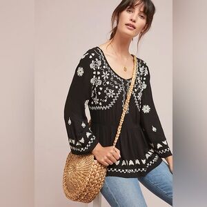 Anthropologie Black Blouse with White Embroidery